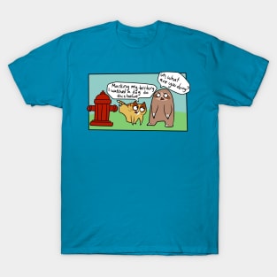 Cat and Sloth Fire Hydrant Comic T-Shirt